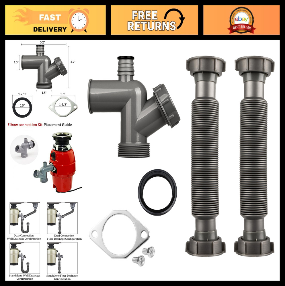 Garbage Disposal Drain Kit - 1-1/2" Elbow Replacement, Flange, Gasket & Pipes