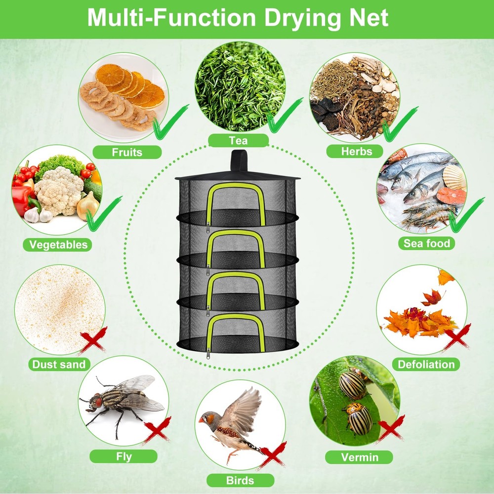 4 Layer Herb Drying Rack Hanging Mesh Foldable UZipper 23.62 Inch Shears Pot
