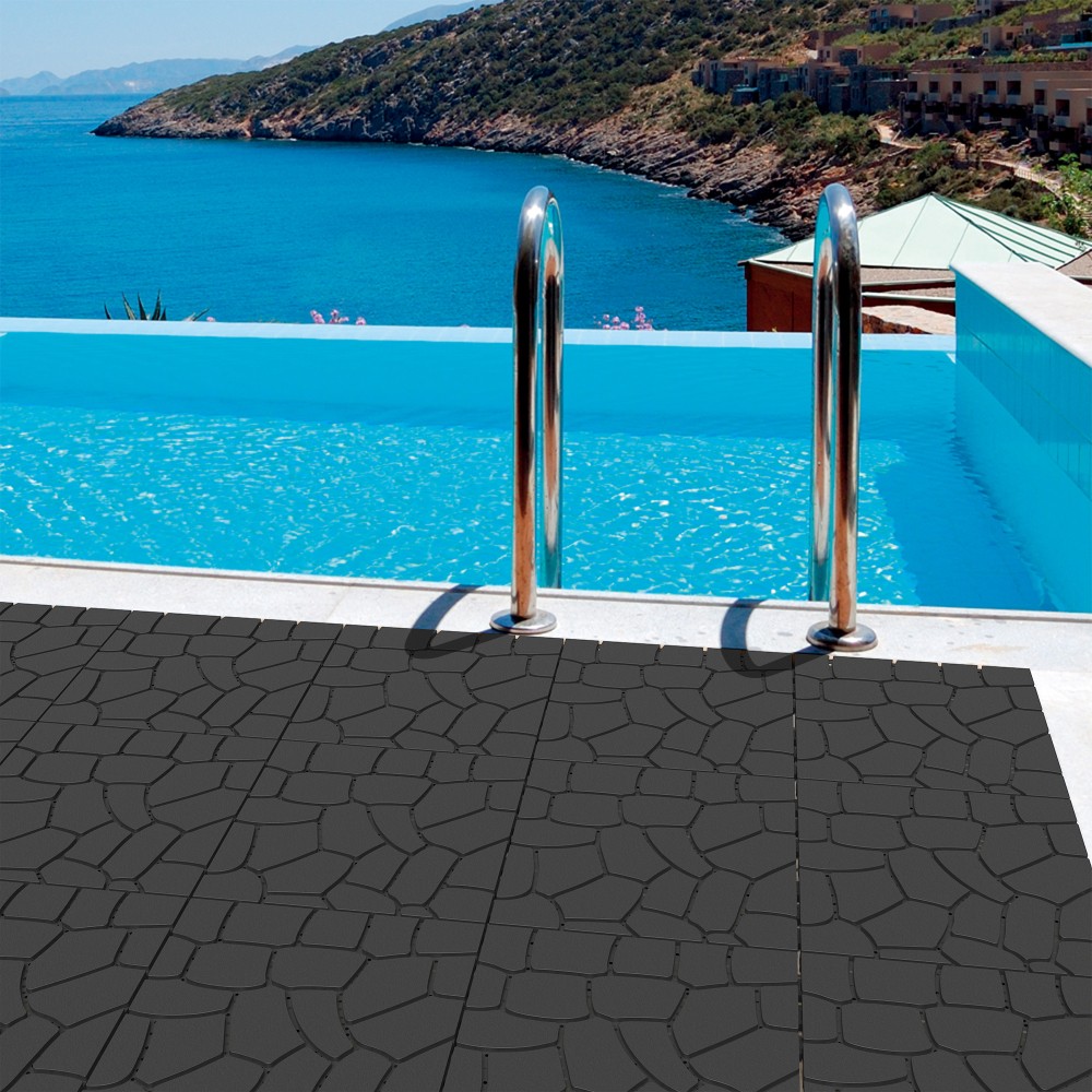Stone Texture Interlocking Patio Deck Tiles 44pcs Dark Gray DIY Tool Free