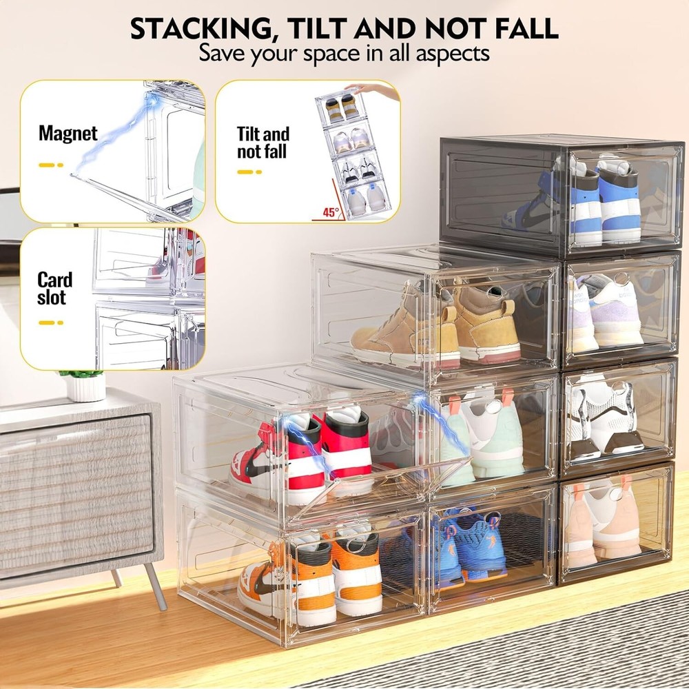 Magnetic Front Door Shoe Storage Boxes - 6 Pack Stackable Containers