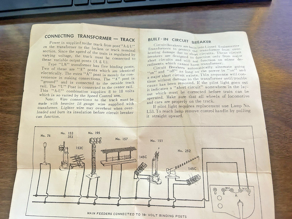 LIONEL LW MULTI CONTROL TRANSFORMER INSTRUCTION Dated 6/60 Postwar
