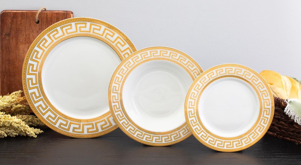 Dinnerware Set Service for 4 - White/Gold Greek Key Inspired Design Tableware