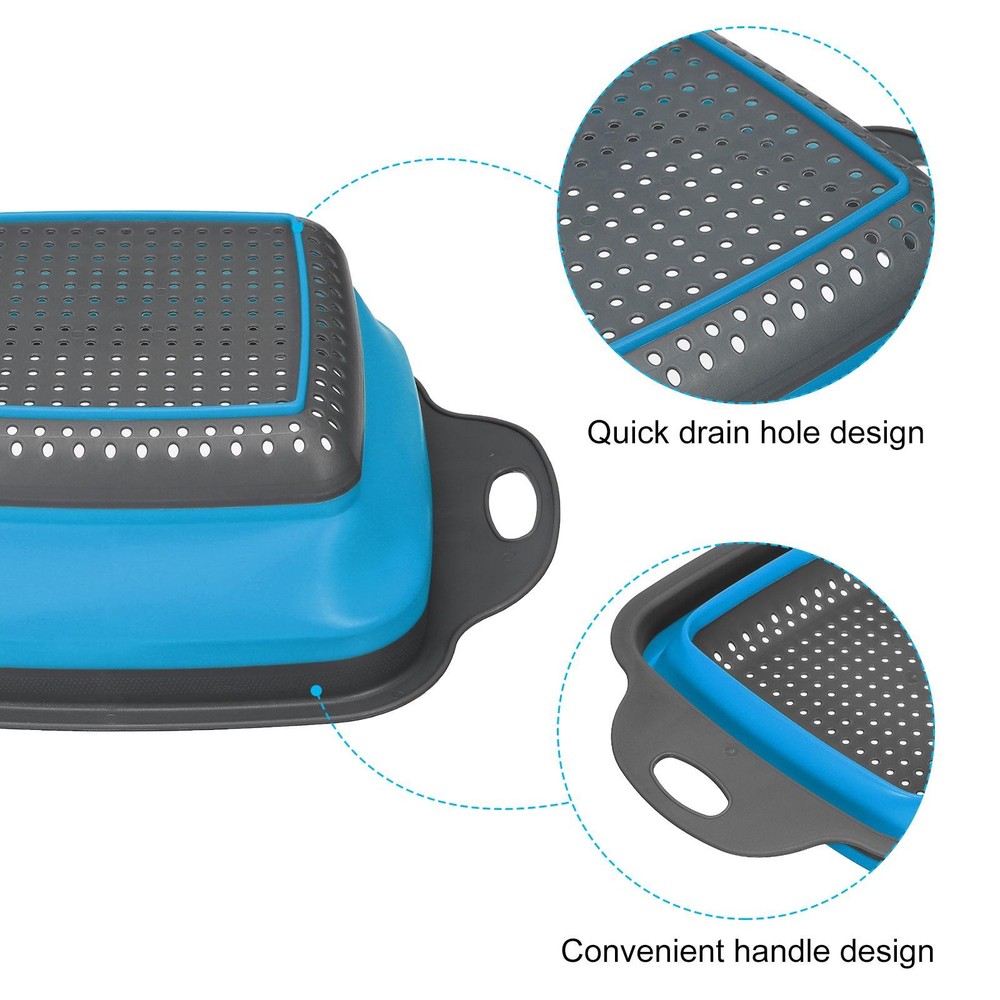 3Pcs Collapsible Colander Set Silicone Square Foldable Strainer Blue Large