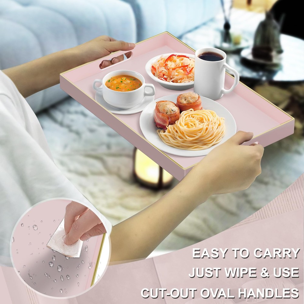MAONAME Pink Serving Tray with Handles, Rectangular Decorative, Modern Coffee Ta