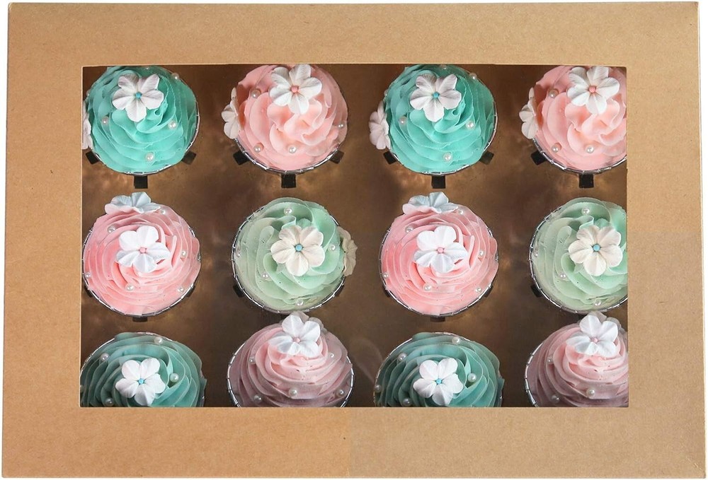 20 Pack Cupcake Boxes w/Inserts 12 Holder Window Brown Bakery Boxes Bulk NEW