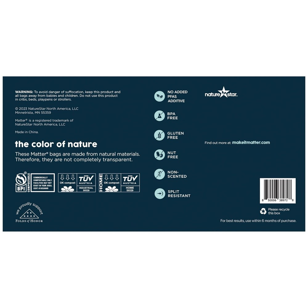 Matter Compostable | 13-Gallon Tall Kitchen Trash Bags with Drawstring, 40 Count
