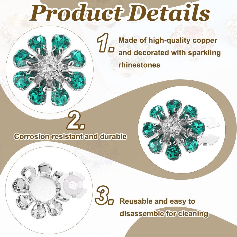 5 Pcs Rhinestone Button Covers, Water Drop Buttons, Green/Silver