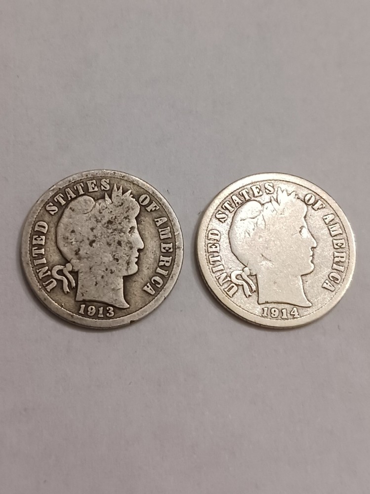 Barber Silver Dimes 1913 1914 Coins