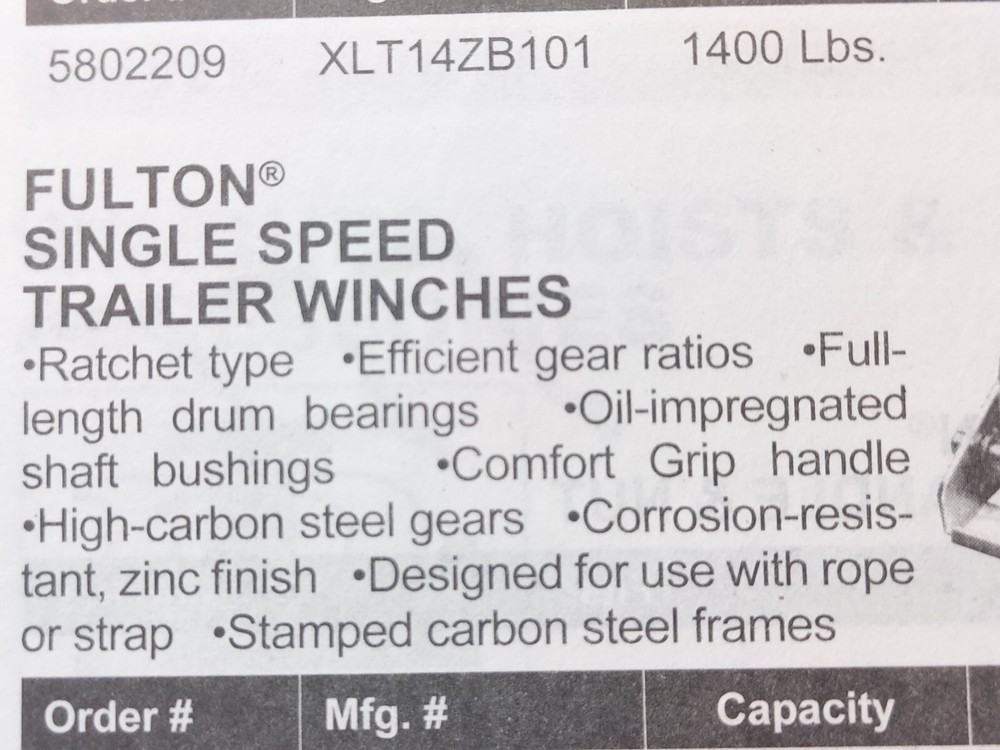 Fulton Single Speed Ratchet Type 1300 Pd. Trailer Winch. Can Use Rope Or Strap.