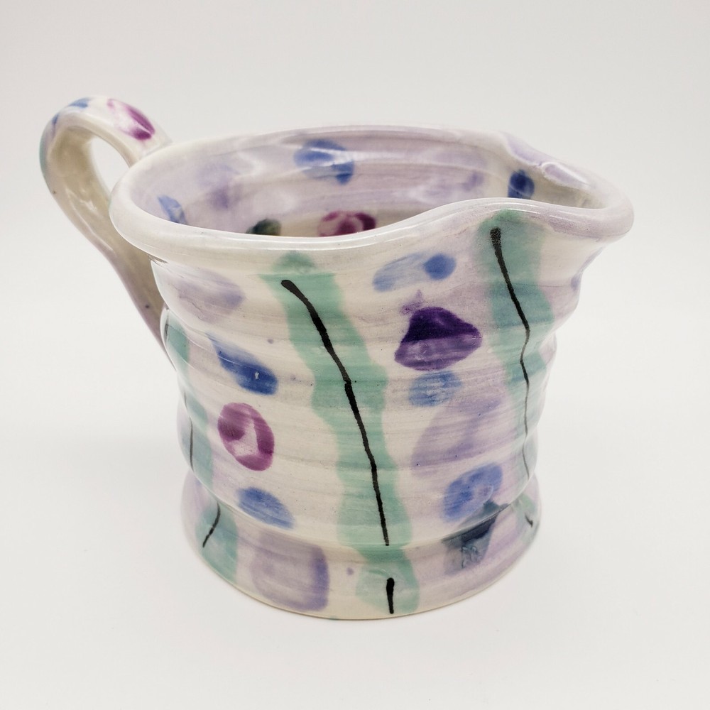 Studio Art Pottery Creamer Small Pitcher Purple Signed Abstract Eclectic Boho