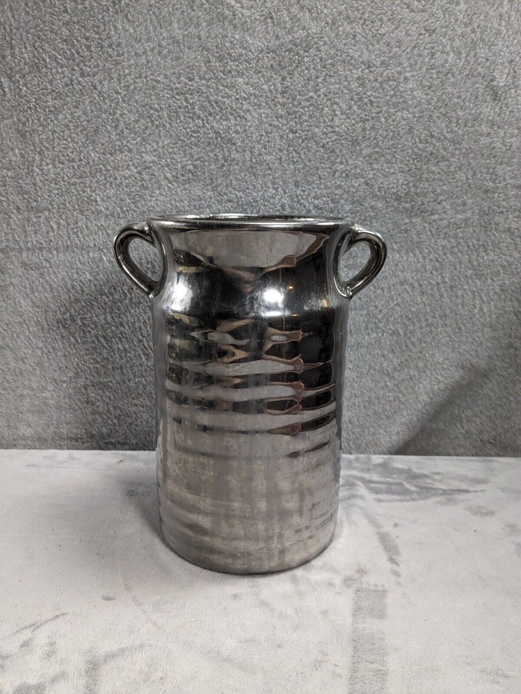 Three Hands Corp Silver Ceramic Vase Or Wine Bottle Cooler 10” Tall