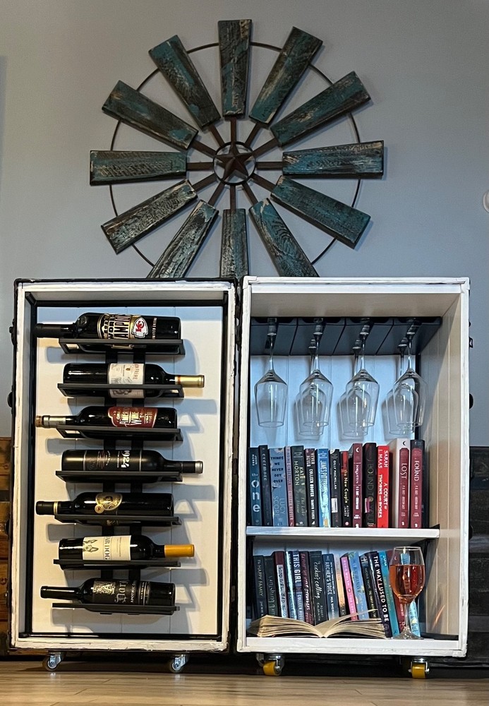 antique trunk/ wine and book shelf