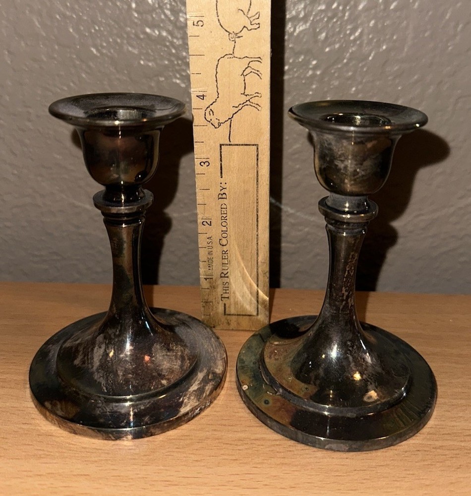 Vintage Oneida Silversmiths Silverplate Candlestick Holders Pair 4” Taper