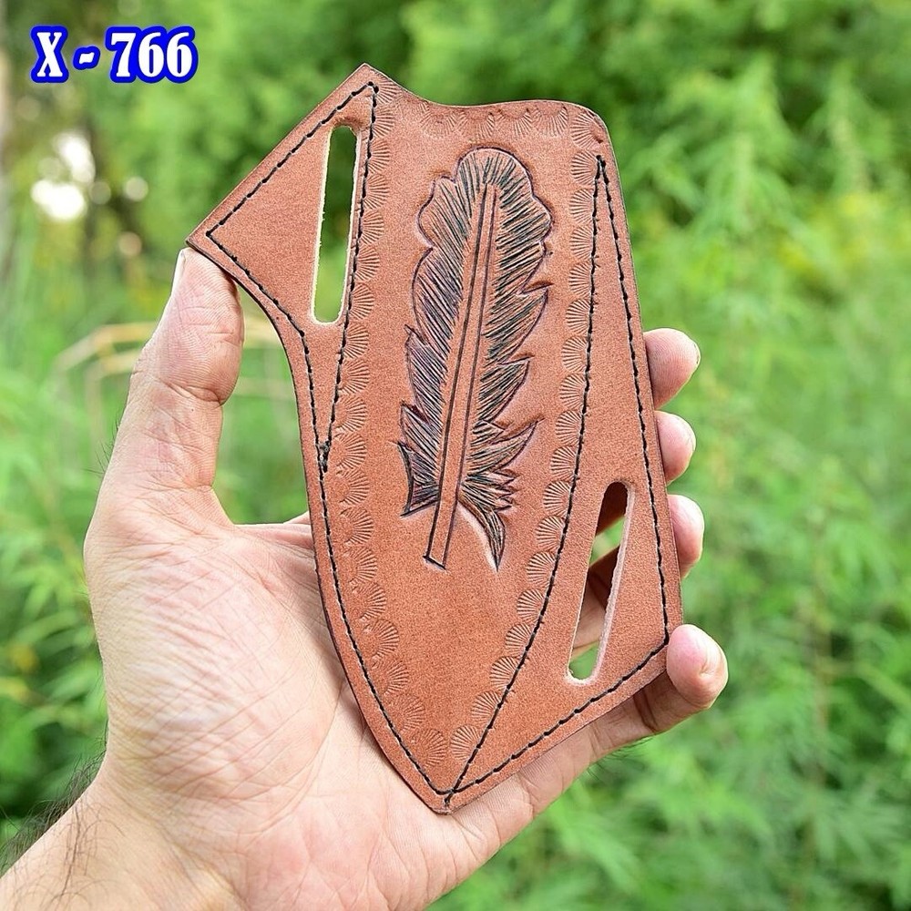 Leather Hand Leaf Engraved PANCAKE Fixed Blade Knife Belt Sheath Folding Case