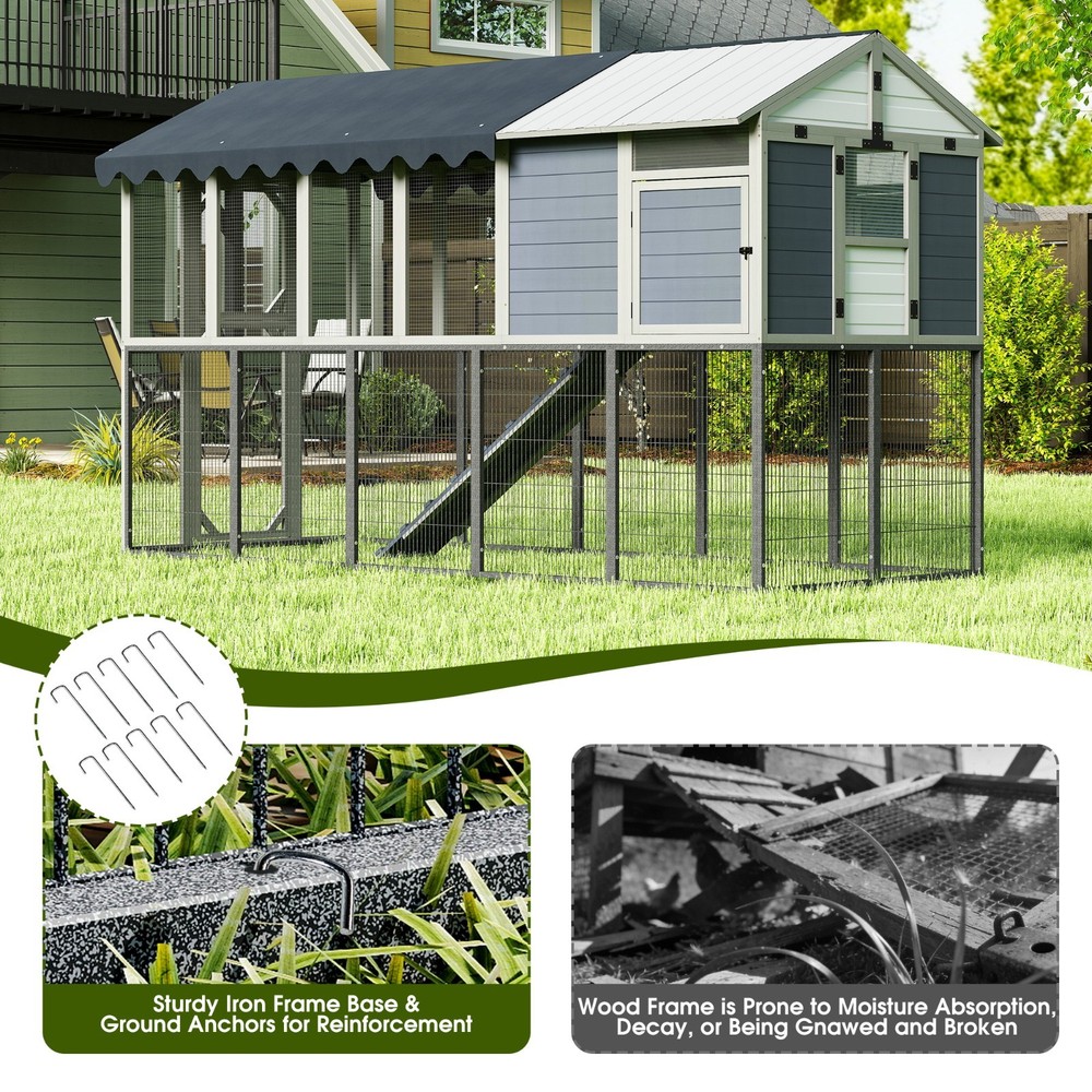 Extra Large Chicken Coop with Nesting Box, Perches and Waterproof Cover Gray