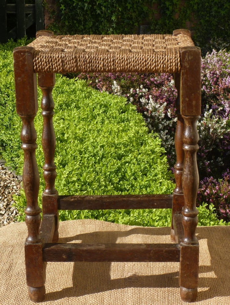 Vintage Wooden stool woven string top Needs TLC repolish