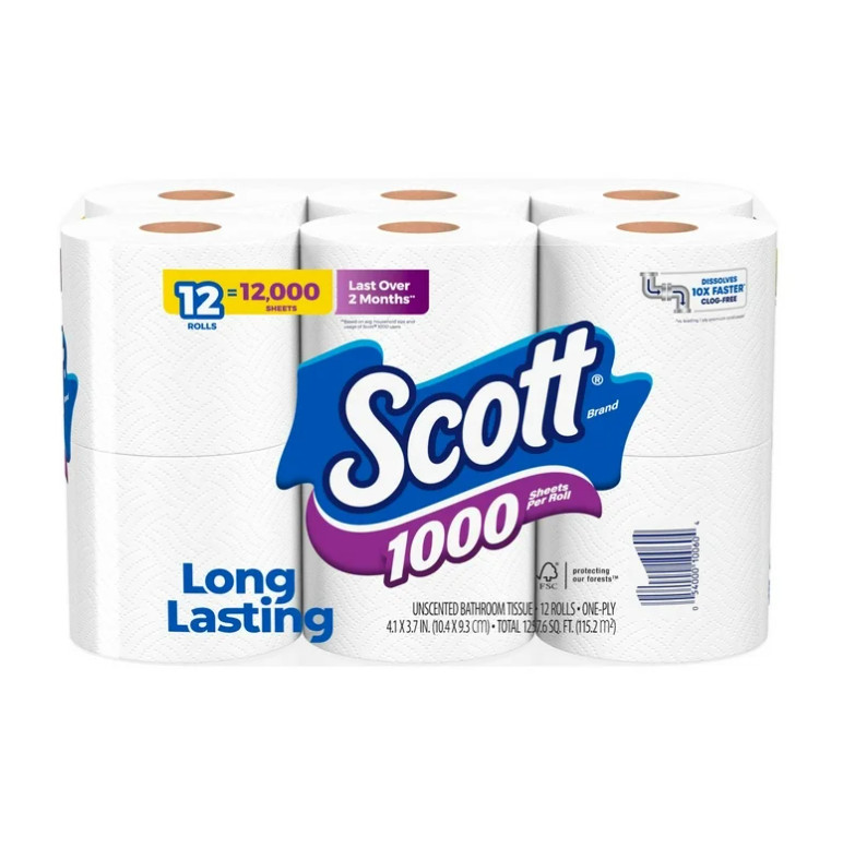 Scott 1000 Toilet Paper, 12 Rolls, 1,000 Sheets per Roll