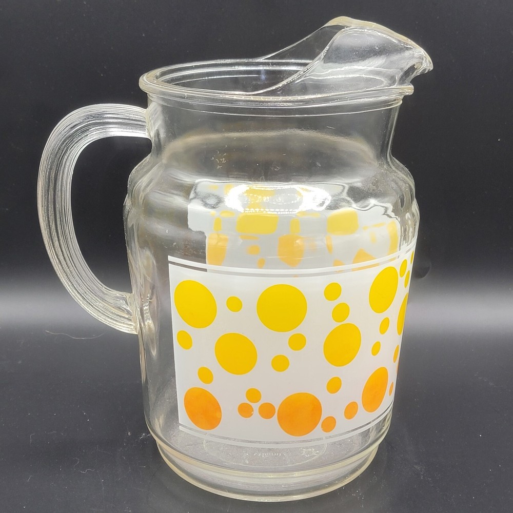 MCM Retro Glass Pitcher Orange yellow Polka Dot Pitcher