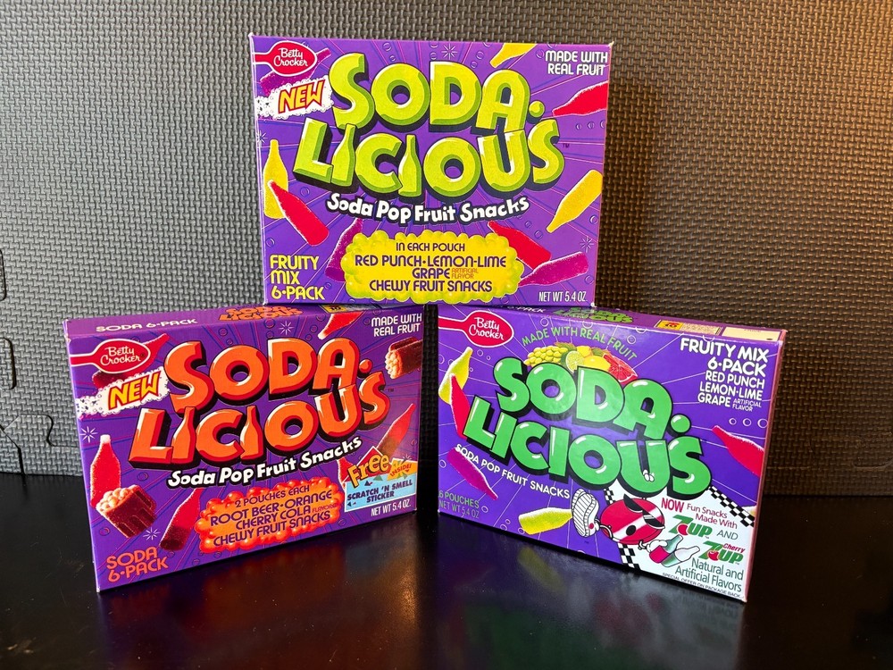 Soda Licious fruit snacks - 3 empty custom design display boxes