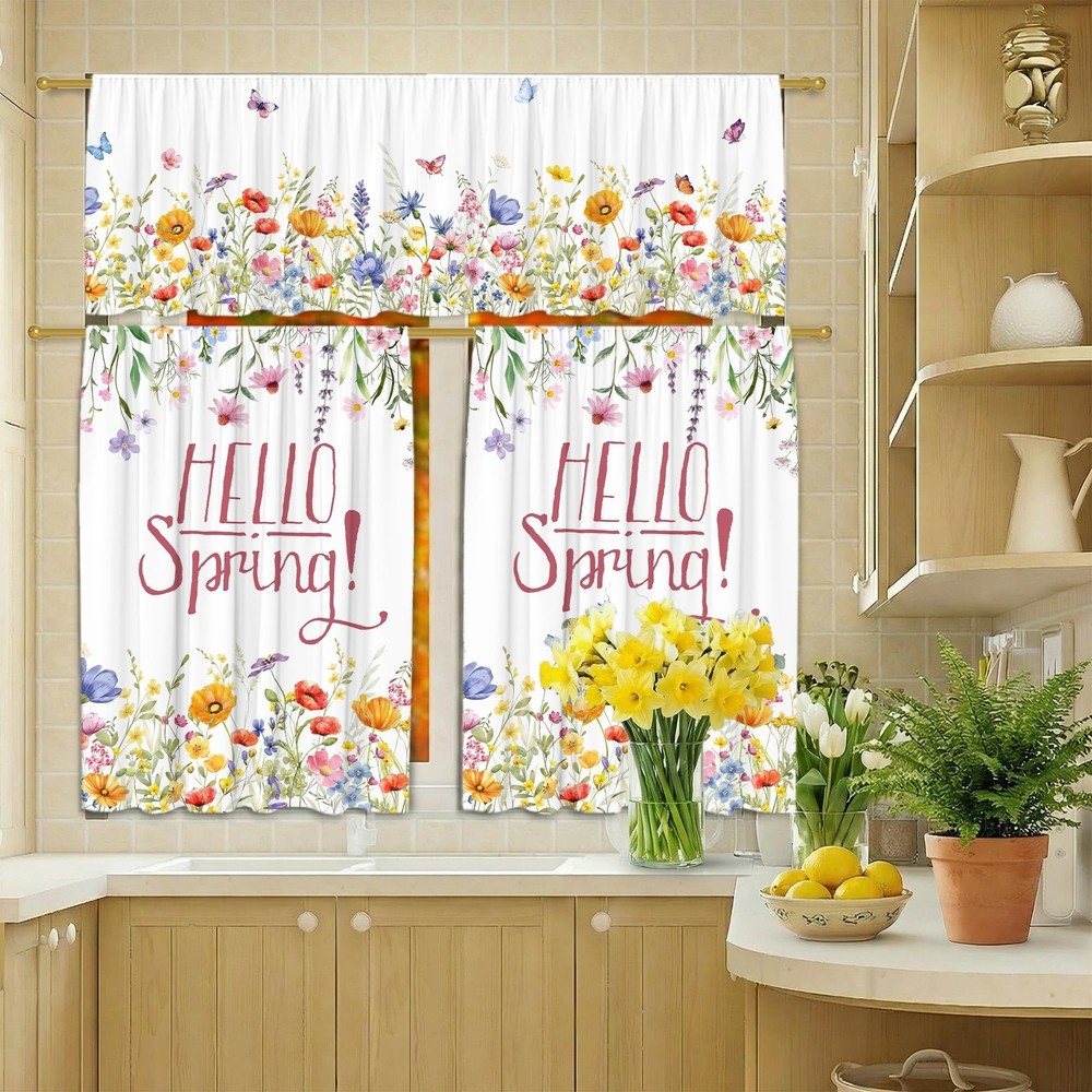 FUTBU Spring Florals Kitchen Curtains for Windows, Hello Spring Blooming Flow...