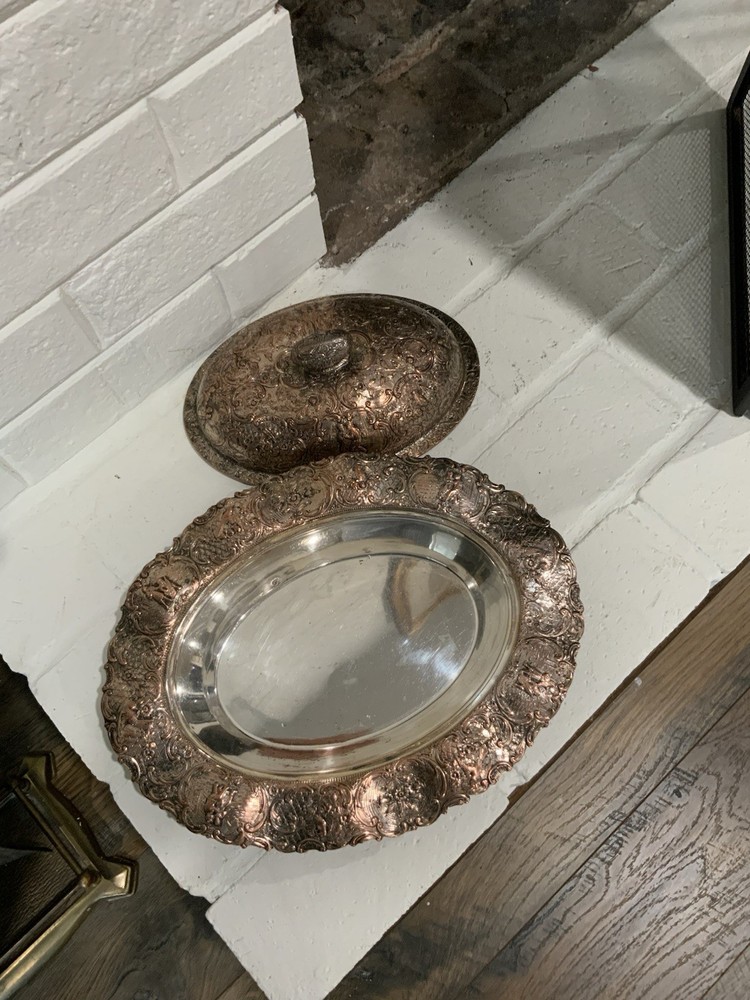 Antique Silver on Copper Oval Covered Repousse Serving Dish from E.G. Webster