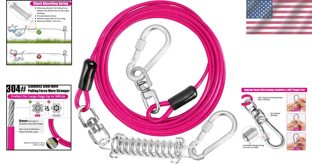Heavy Duty Dog Leash Runner - 15FT Tie Out Cable with Secure Locking Hook