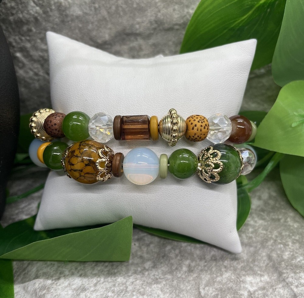 2 PC Handmade Bohemian Beaded Stackable 7” Plus Stretch Bracelet Set New B1679