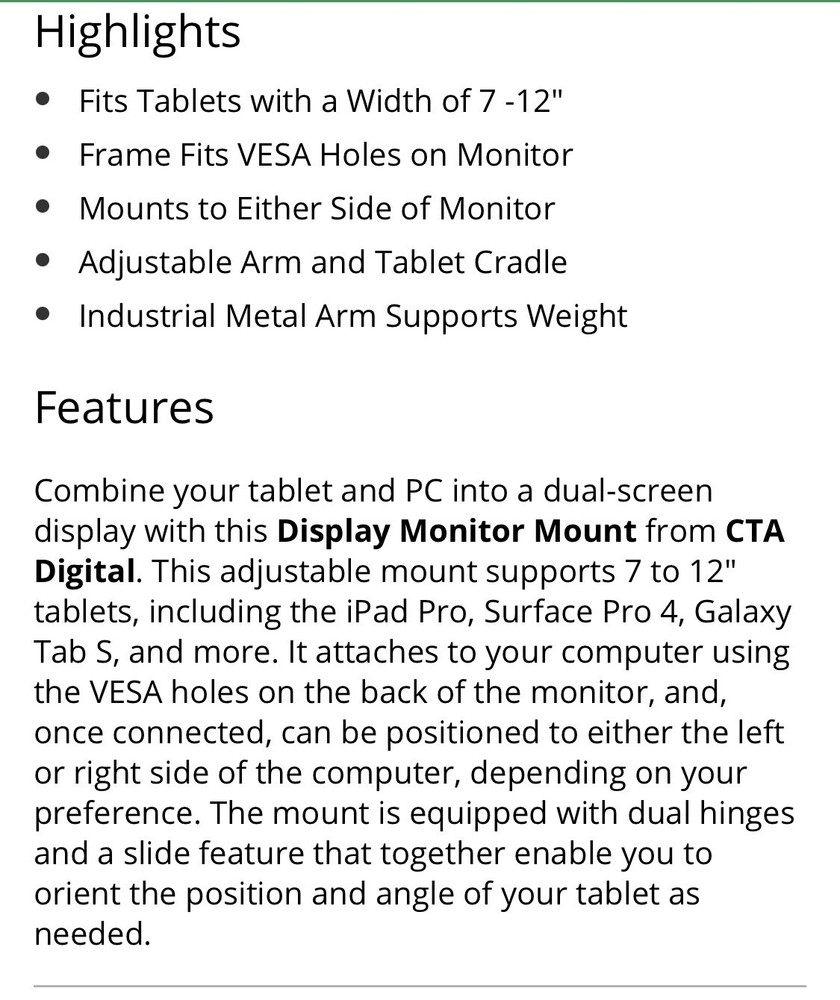 CTA Display Monitor Mount for Tablets