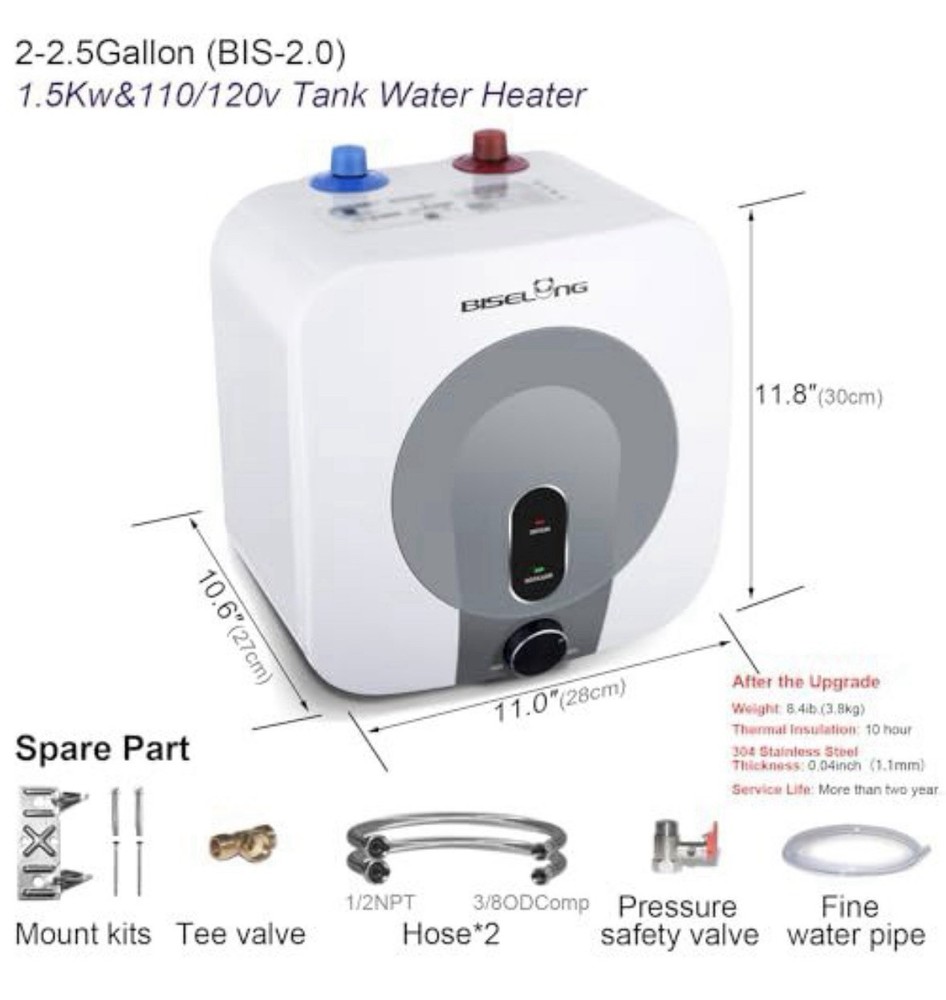 2.5 Gal Under Sink Water Heater 1500W 120V Mini RV Kitchen w/ Hoses