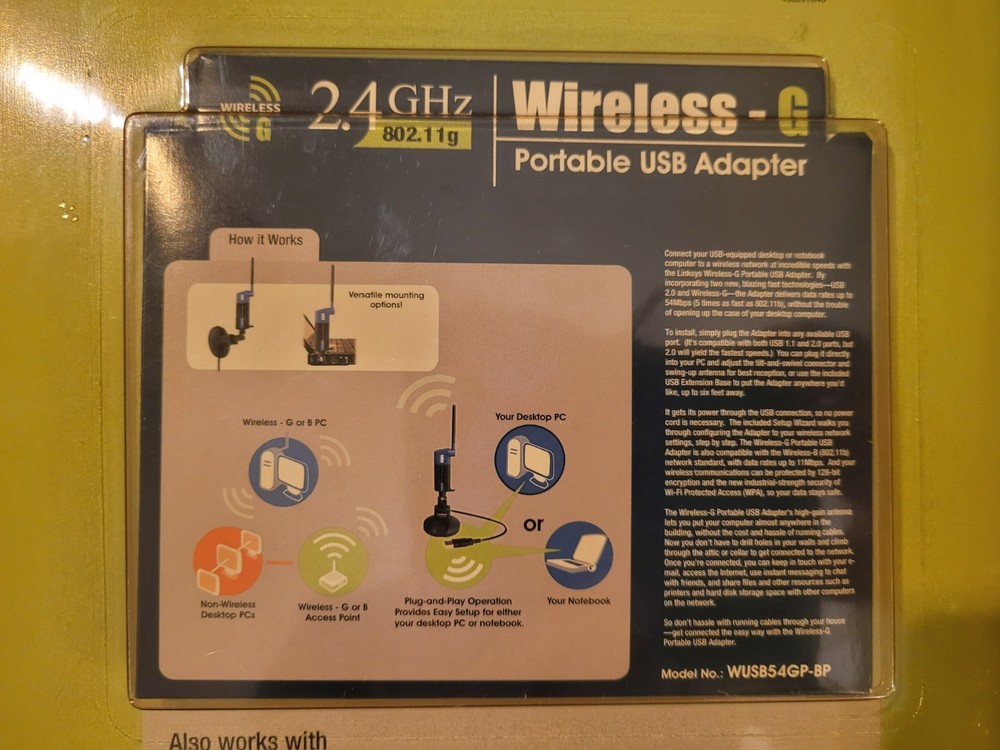Cisco-Linksys Wireless-G Portable USB Adapter WUSB54GP-BP no tools setup - READ