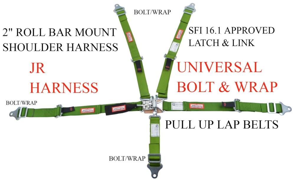 UNIVERSAL MIDGETS 5 POINT RACE HARNESS WRAP OR BOLT LATCH & LINK LIME GREEN