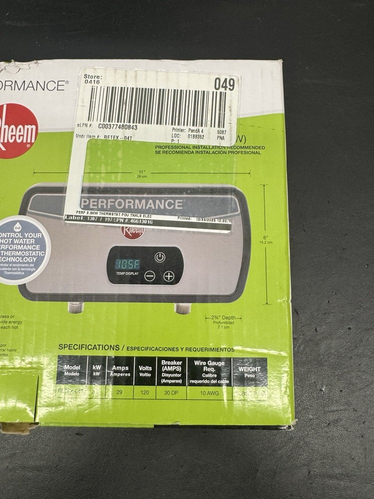 Rheem RETEX-04T Performance 0.68 GPM Point of Use Tankless Electric Water Heater
