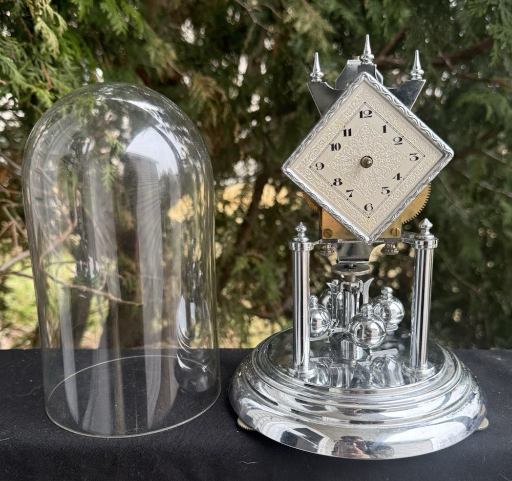 Vintage Chrome German Anniversary Torsion Clock - RUNS - NEEDS HANDS