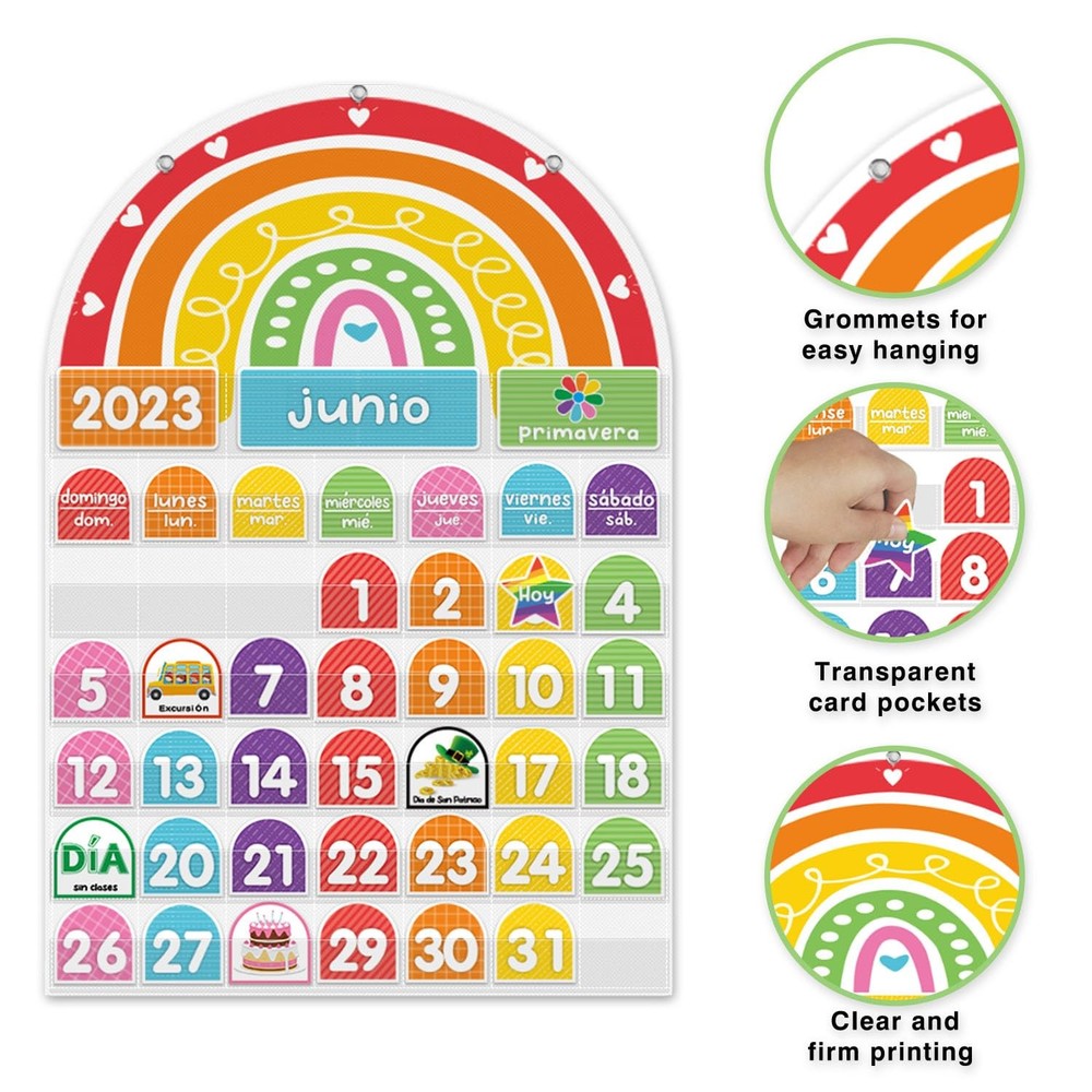 Rainbow Spanish Calendar Pocket Chart for Classroom with 96 Activity Cards