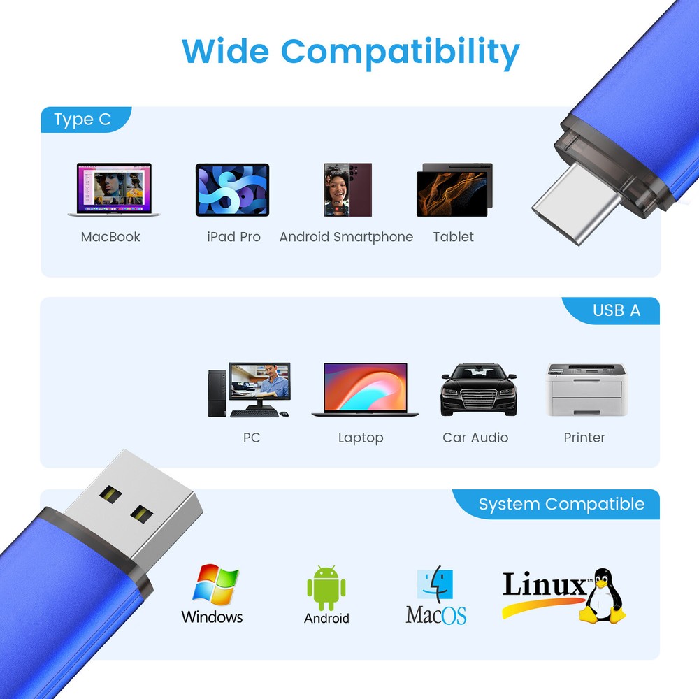 USB 2.0 32/64/128GB Type-C/ A Dual Flash Drive Memory Stick For Android Phone PC