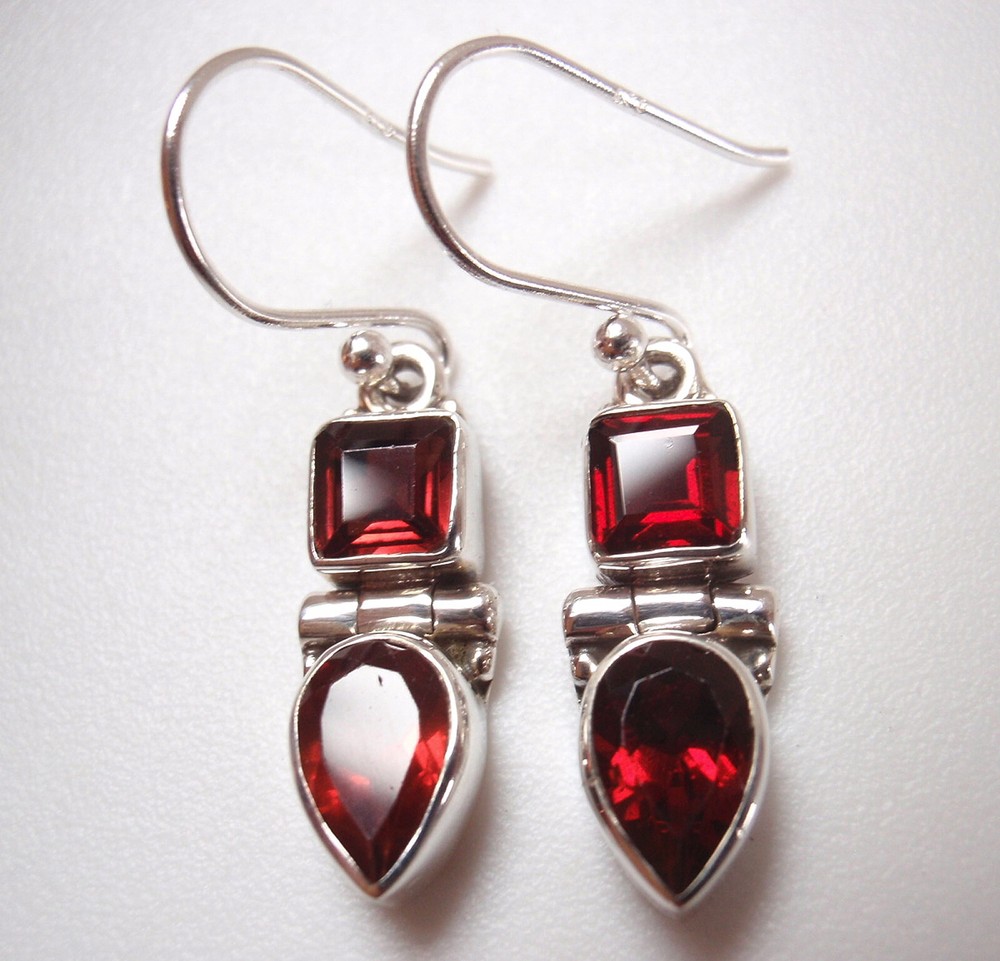Faceted Garnet Square 925 Sterling Silver Dangle Two-Gem Earrings