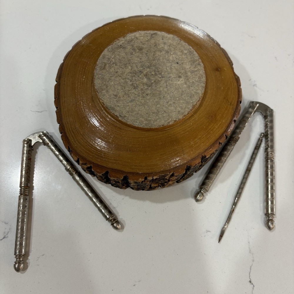 Bark Edge Wood Nut Bowl Set Nutcracker Tools Barware Vintage Mid-Century Rustic