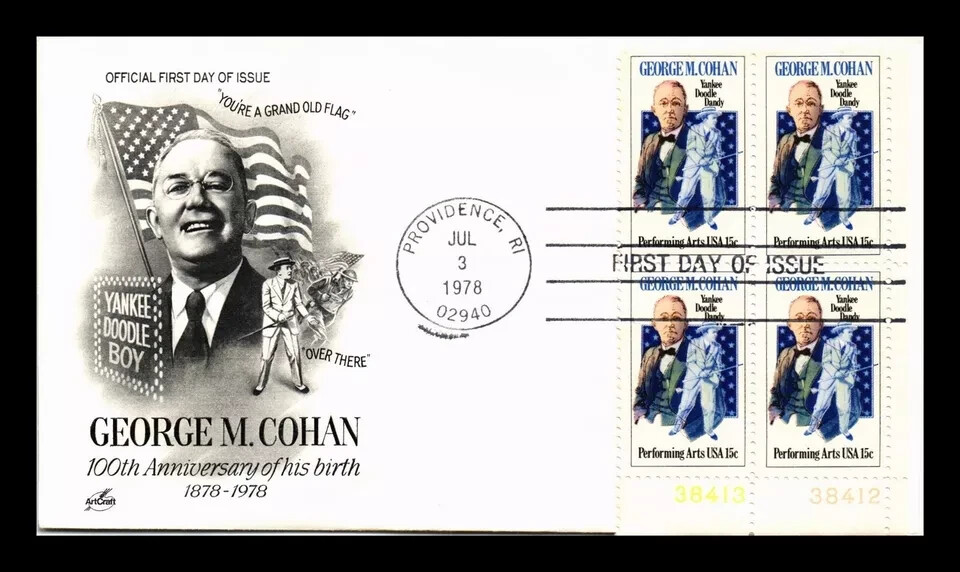 GEORGE M COHAN YANKEE DOODLE BOY  PLATE#BLOCK  1978 ARTCRAFT FDC UNADDR
