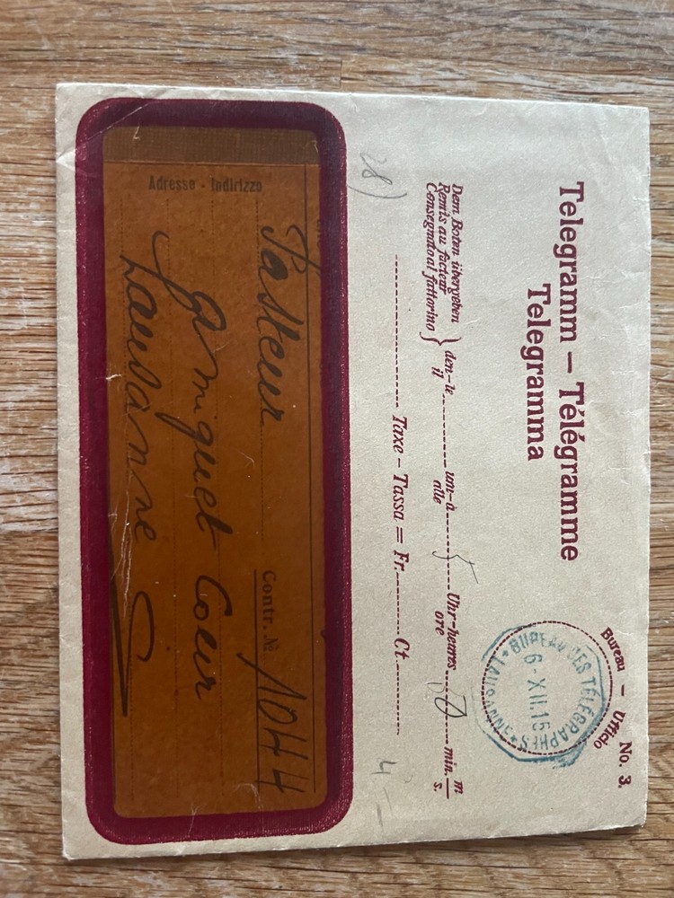 Switzerland telegram cover with telegram inside 1915 Lausanne