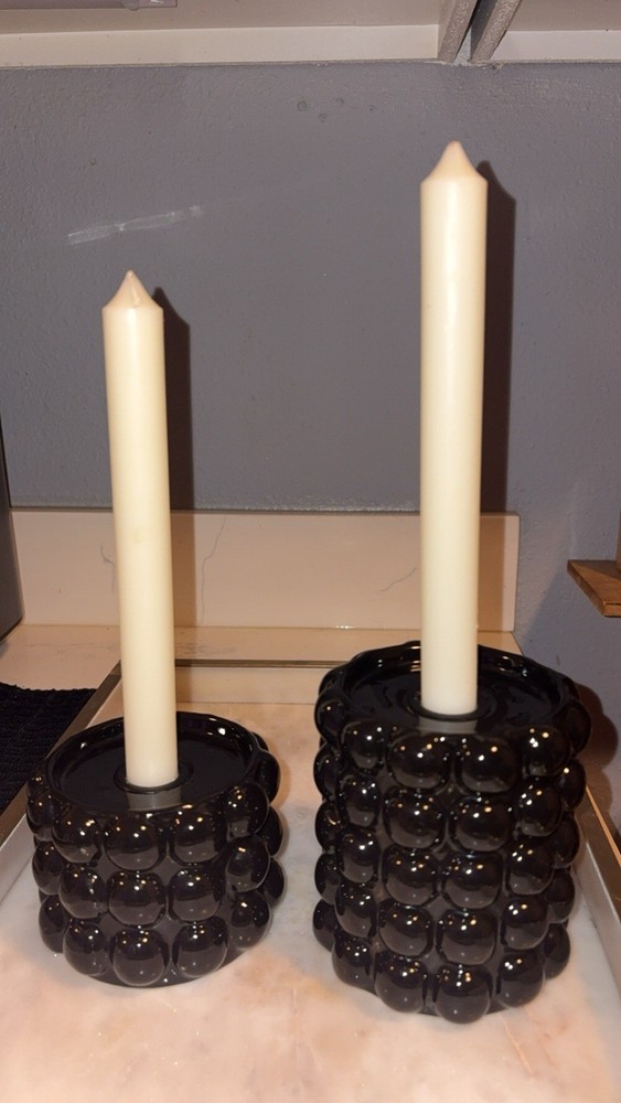 Black Bubble Textured Ceramic Candle Holders Set Of 2