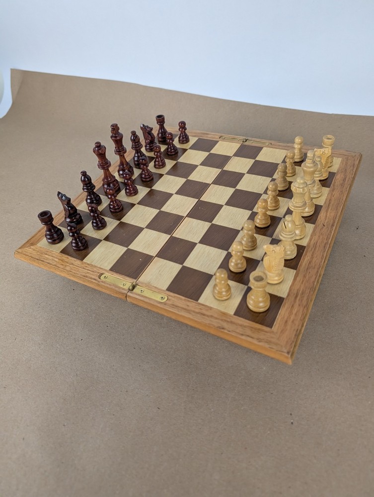 Vintage Handmade Solid & Inlaid Wood Folding Storage Chess Set 12" Box Hinged