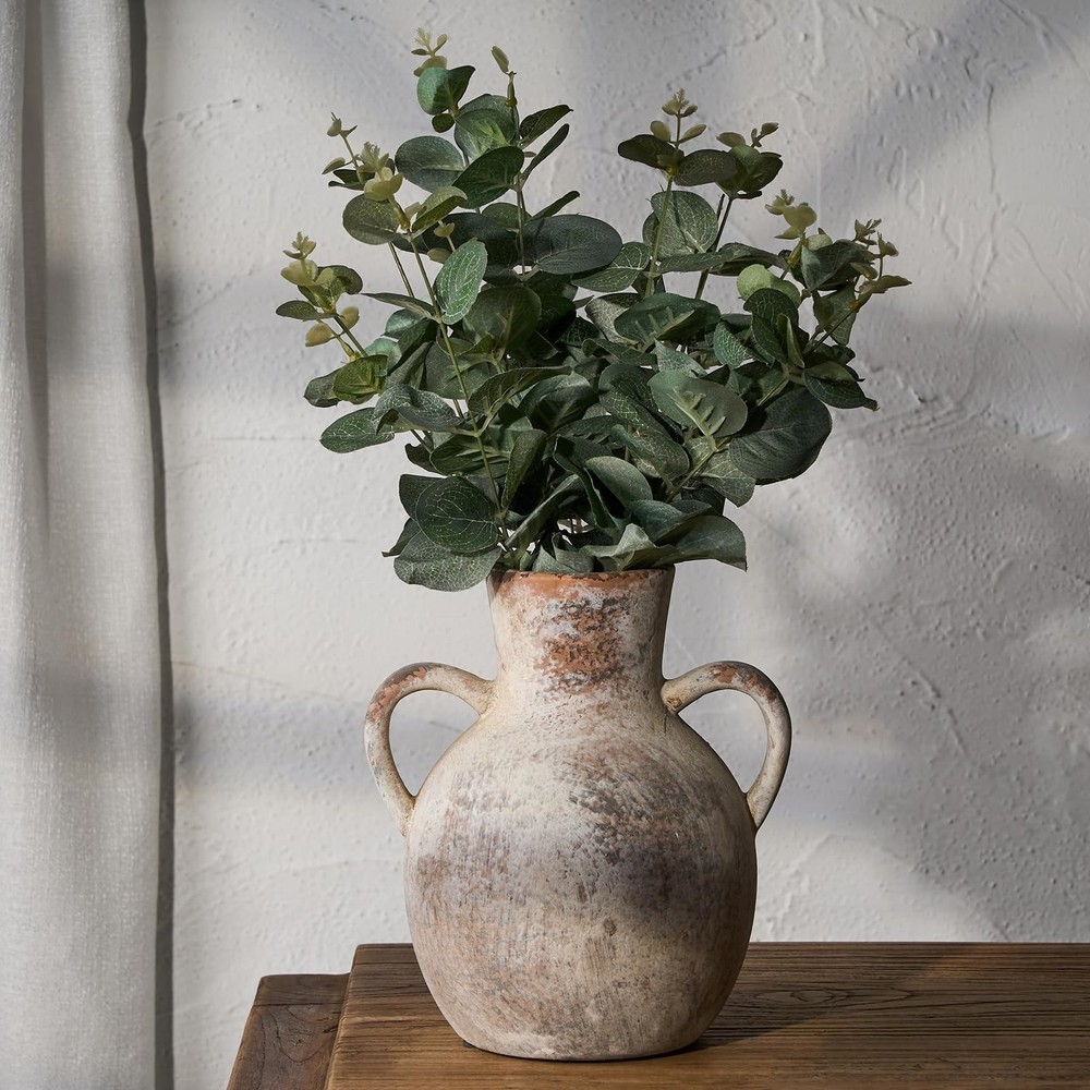 SIDUCAL Rustic Ceramic Farmhouse Flower Vase with 2 Handles, Whitewashed Terr...