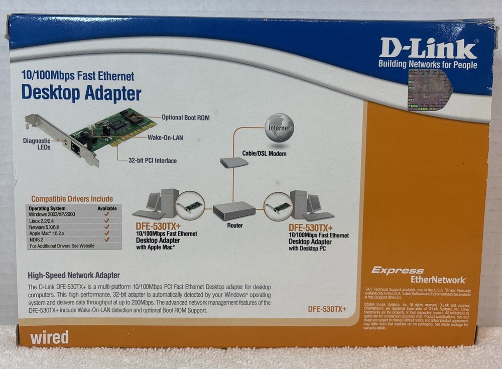 D-Link DFE-530TX+ 10/100 Fast Ethernet Desktop Adapter With Wake On-LAN Cable