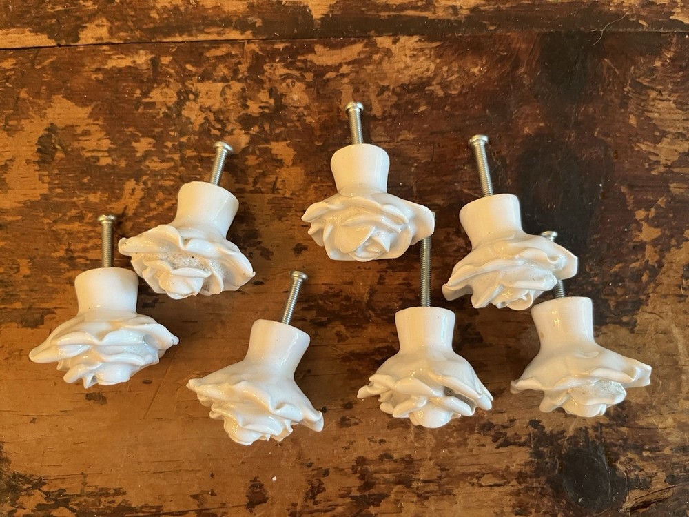 Ceramic White Rosebud Flower Drawer Pulls 7 Pieces 2” Shabby Boho