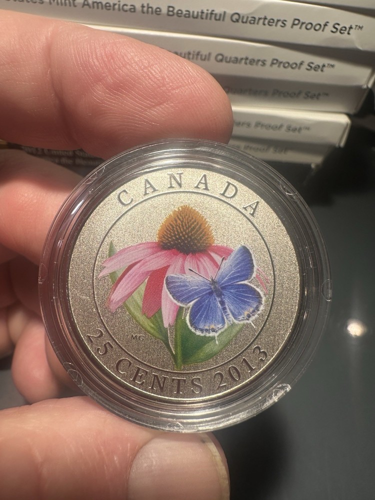 2013 25 Cent Coloured Coin - Purple Coneflower & Eastern Tailed Blue