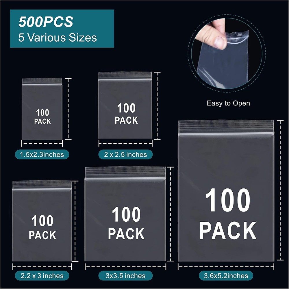 500 Pcs Small Plastic Bags, Bag, Mini Baggies, Mixed Size, Clear