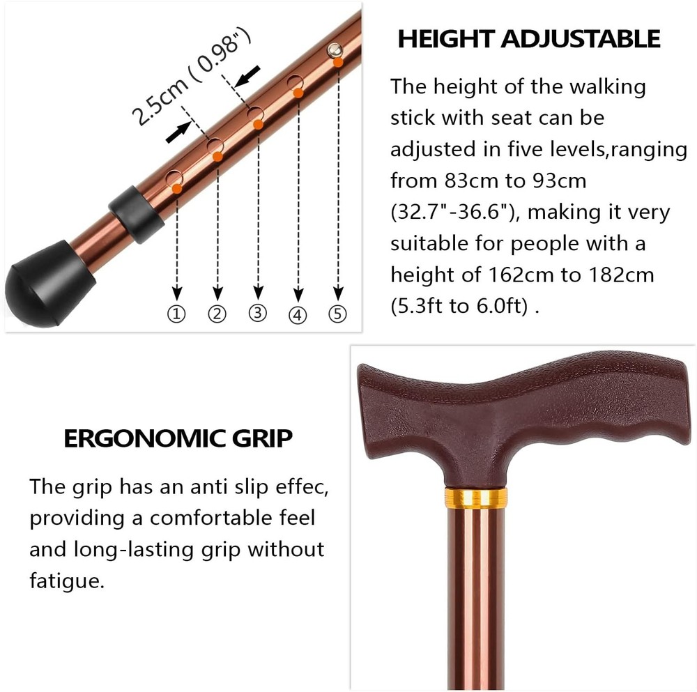 Adjustable Cane with Seat - 265 lbs Capacity, Folding Mobility Aid for Men