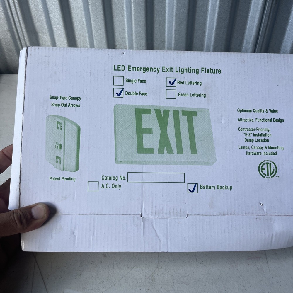 LED EMERGENCY EXIT LIGHT FIXTURE - DOUBLE FACE - RED LETTERING - NEW