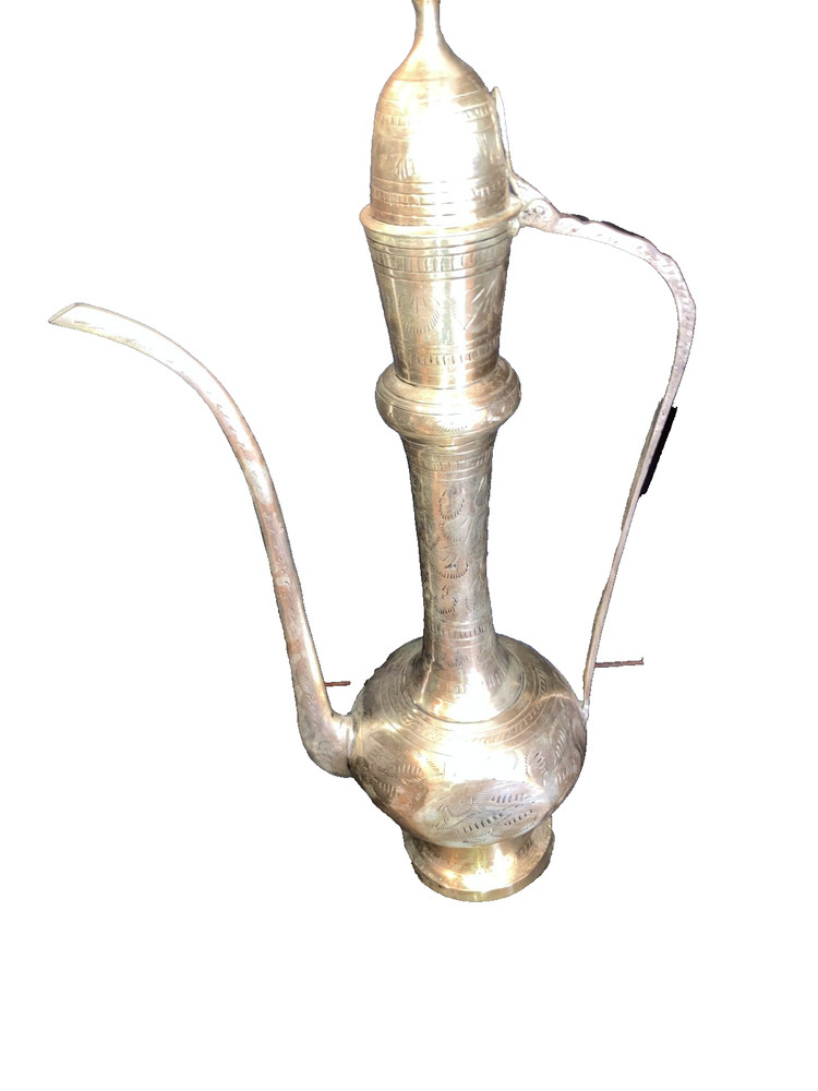 Vintage Middle Eastern Dallah Silver Plate & Brass Ewer 18” x 10”