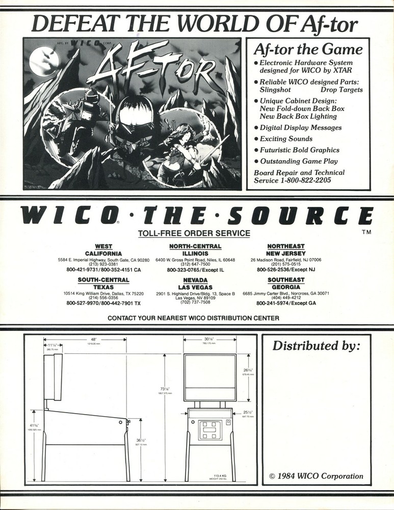 Af-Tor Wico Pinball Flyer/ Ad / Brochure - Mint